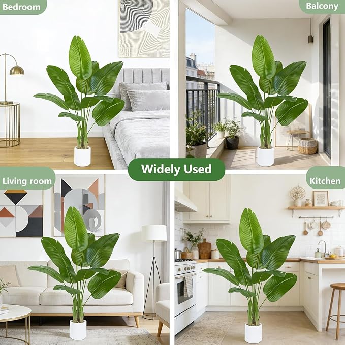 Pack 2 Artificial Bird of Paradise Plant 4FT Fake Palm Tree Feaux Plants in White Pot Artificial Tree Fake Plant for Indoor Outdoor Modern Decoration for Home Living Room Office