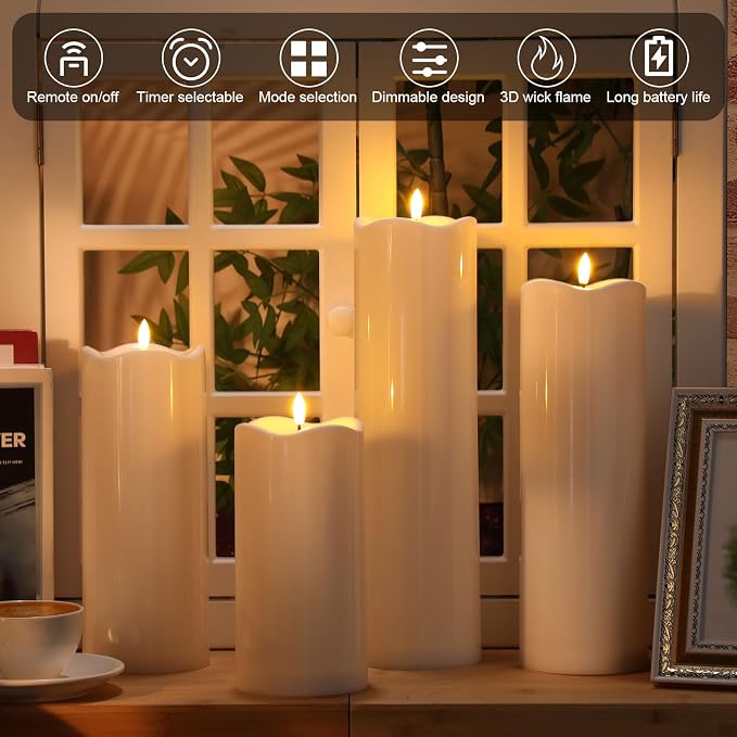 Rossesay 8" 10" 12" 14" x 4" Large Waterproof Outdoor Flameless Candles, 4 Pcs LED Pillar Candles with Remote and Timers Battery Operated Jumbo Flickering for Home Patio Church Lanterns(White)