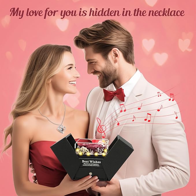 Pasuvsigt Mothers Day Mom Birthday Gifts for Women, Preserved Real Rose with I Love You Heart 100-Language Necklace, LED Lights & Music Box, Anniversary for Women Girlfriend Mom