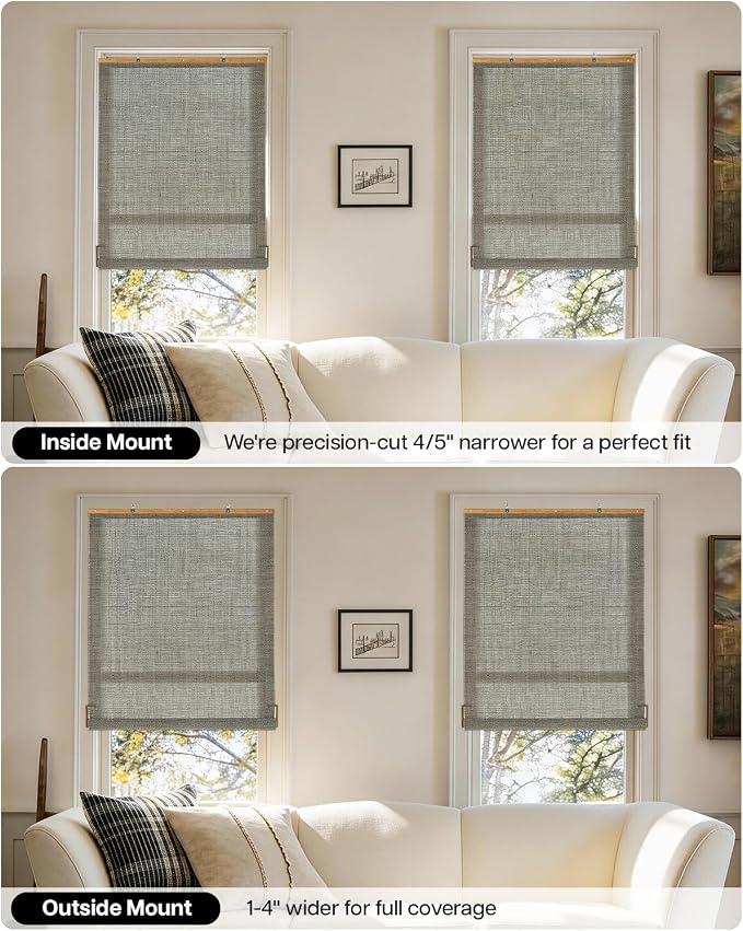 LazBlinds Manual Roll-up Bamboo Blinds, 26" W x 72" H, Star-Grey | Easy Install Roller Shades for Windows, Hook-On Light Filtering Bamboo Shades for Interior Indoor Windows