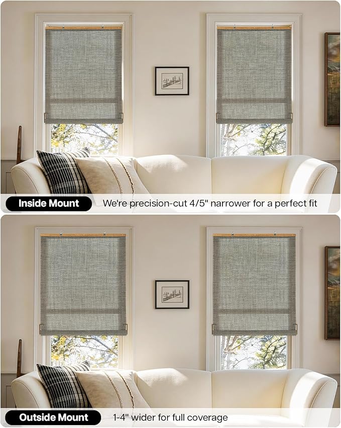 LazBlinds Manual Roll-up Bamboo Blinds, 23" W x 72" H, Star-Grey | Easy Install Roller Shades for Windows, Hook-On Light Filtering Bamboo Shades for Interior Indoor Windows