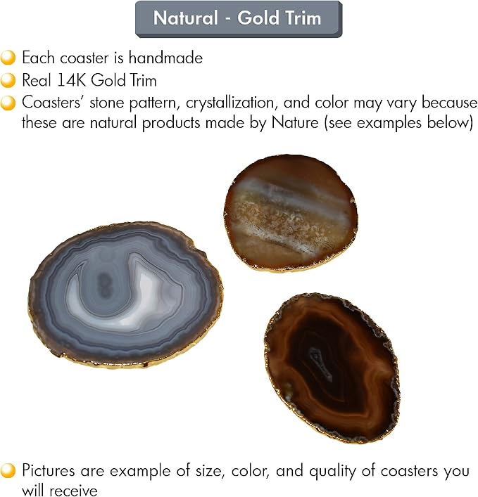 Nature's Decorations Natural Agate Stone Coasters - Set of 4 Polished Geode Drink Mats for Dining & Coffee Table & Kitchen Decor No Dye 3.5-4" Diameter