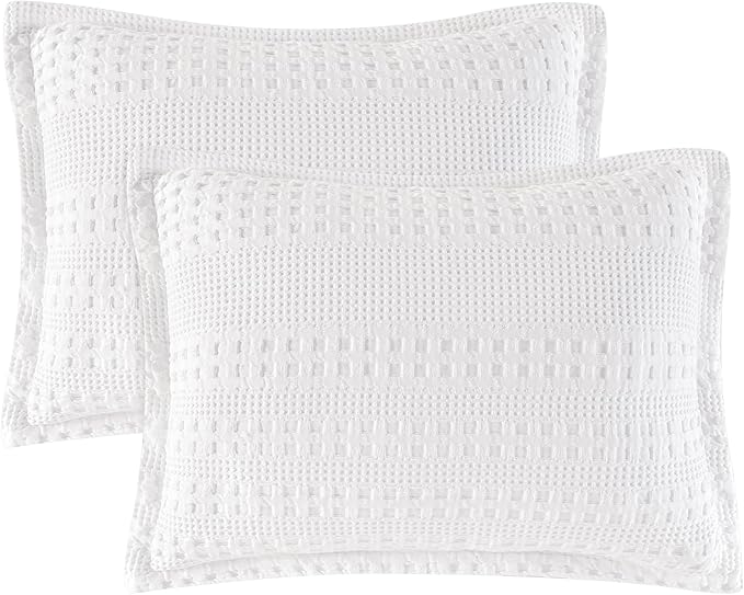 PHF 100% Cotton Ruffle Waffle Pillow Shams Standard Size, 2 Pack 20" x 26" Soft Skin-Friendly Pillowcases, No Filling, Aesthetic Home Decor, Breathable Waffle Weave Bed Pillow Covers, White