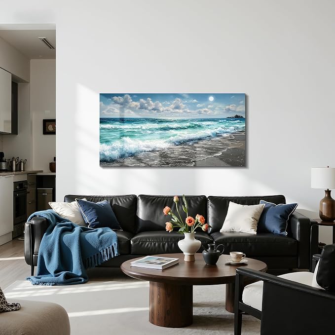 imjiayu Ocean Canvas Wall Art, Beach Wall Art For Living Room, Coastal Large Wall Decor For Bedroom Office Dining Room Decorations, Seascape Landscape Paintings, Blue Sea Wave Pictures Home Decor, 20" x 40"