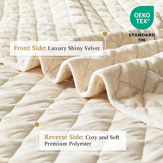 Cosybay Luxury Velvet Quilt Set King, Lightweight Oversized Bedspread Coverlet Quilted Box Stitch Bedding Set, with 2 Matching Pillow Shams, for All Season, Cream White