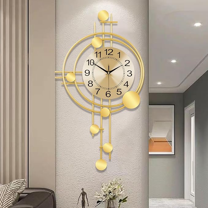 Wall Clock with Pendulum, Silent Non-Ticking Quality Quartz Battery Operated, Round Analog Large Wall Clock for Living Room Kitchen Bathroom Bedroom Wall Home Decor, 16.2x29.2inch, Golden
