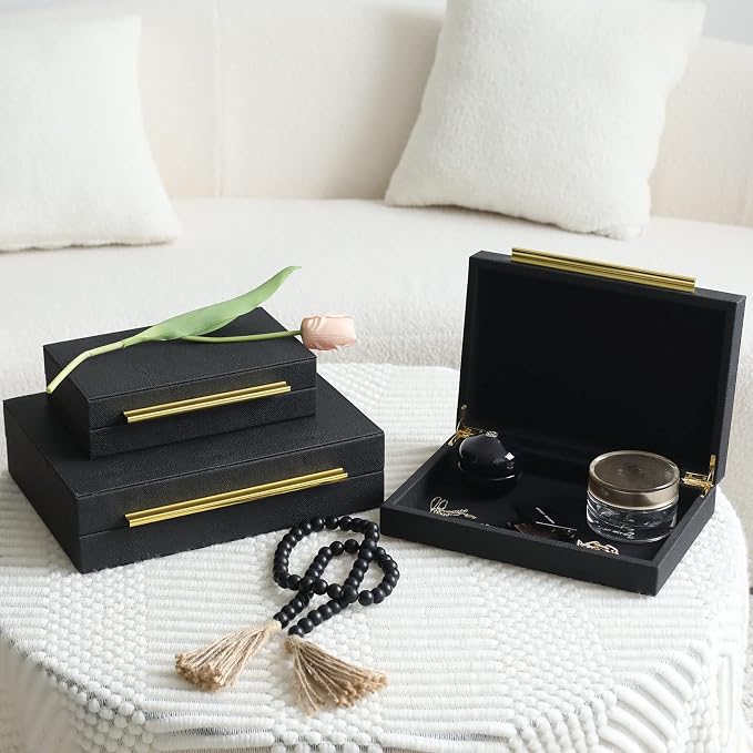 DECOR4SEASON Faux Shagreen Decorative Storage Boxes – Set of 3 Stackable Jewelry Organizers with Gold Metal Handles & Velvet Lining, Modern Black Box for Vanity, Entryway & Coffee Table Décor