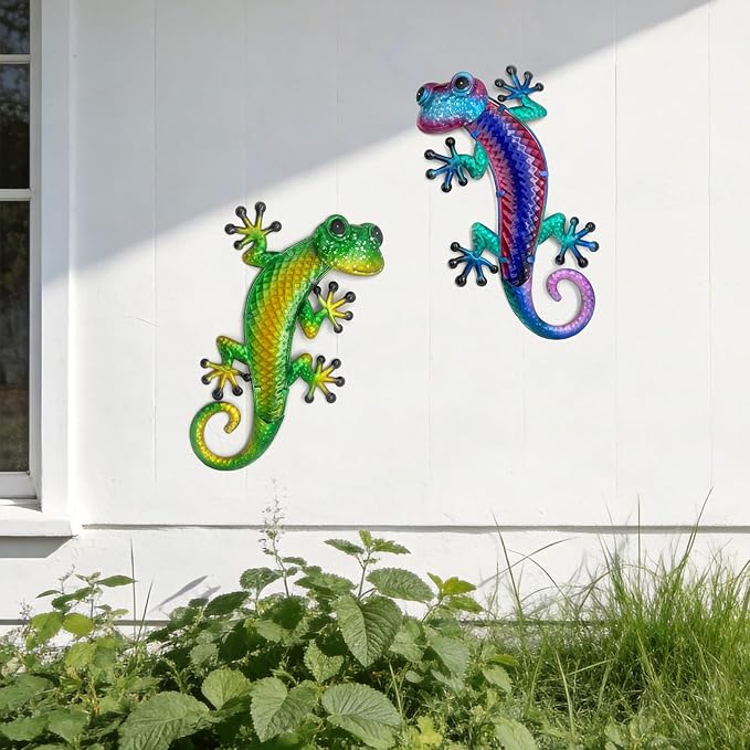 HONGLAND Lizard Metal Wall Art-15 Inch Gecko Wall Decor Hanging Glass Sculpture, 2 Pack Yard Decorations Outdoor for Garden Fence Home