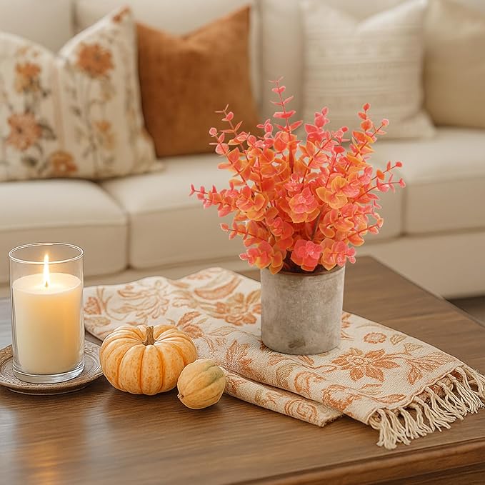 Coferset 2 Pack Fall Small Fake Plants Eucalyptus Potted Artificial Plants Fall Decorations for Home Shelf Office Bathroom Desk Farmhouse Room Coffee Table Decor Fall Decor (Fall Orange)