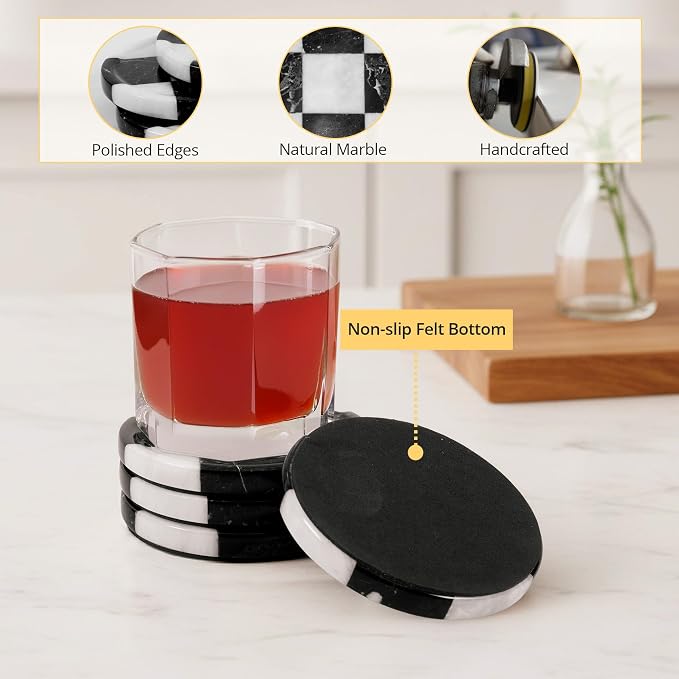 Marble Coasters Set of 4, Zebra Black & White Handmade 4 inch Round Checkered Stone Coaster, Drink Coaster Plates for Living Room, Trendy Office Desk Accessories & Home Décor