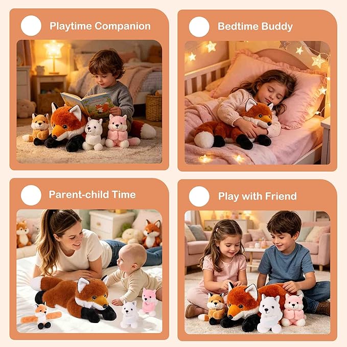 4 in 1 Fox Stuffed Animal Plush, 19" Large Mommy Stuffed Red Fox Toy with 3 Baby Stuffed Foxes Inside, Huggable Fox Plushies Pillow Gifts for Kids Christmas Birthday Party Favor