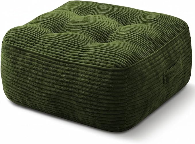 11" Thick Washable Floor Pillow for Adults, Yoga & Meditation Cushion with Handle, Square Large Pillows Seating with Removable Tufted Corduroy Cover for Tatami Living Room Board Games, Green
