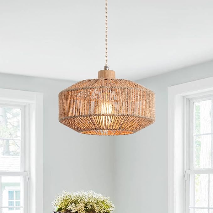 Coastal Woven Pendant Light Fixture One-Light Adjustable Natural Hemp Rope Cage Pendant Lighting for Kitchen Island Sink Farmhouse Dining Room