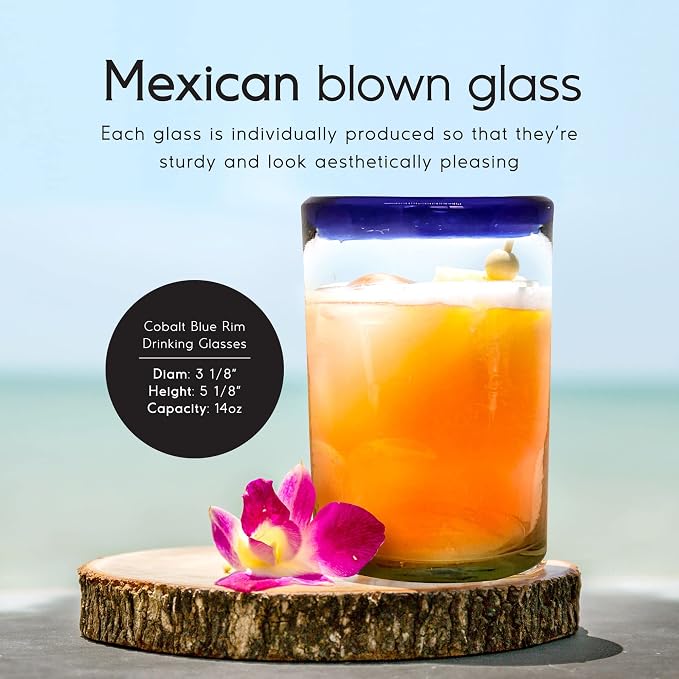 Cobalt Blue Rim 120 oz Pitcher and 6 Drinking Glasses set, Recycled Glass, Lead-free, Toxin-Free (Pitcher & Glasses)