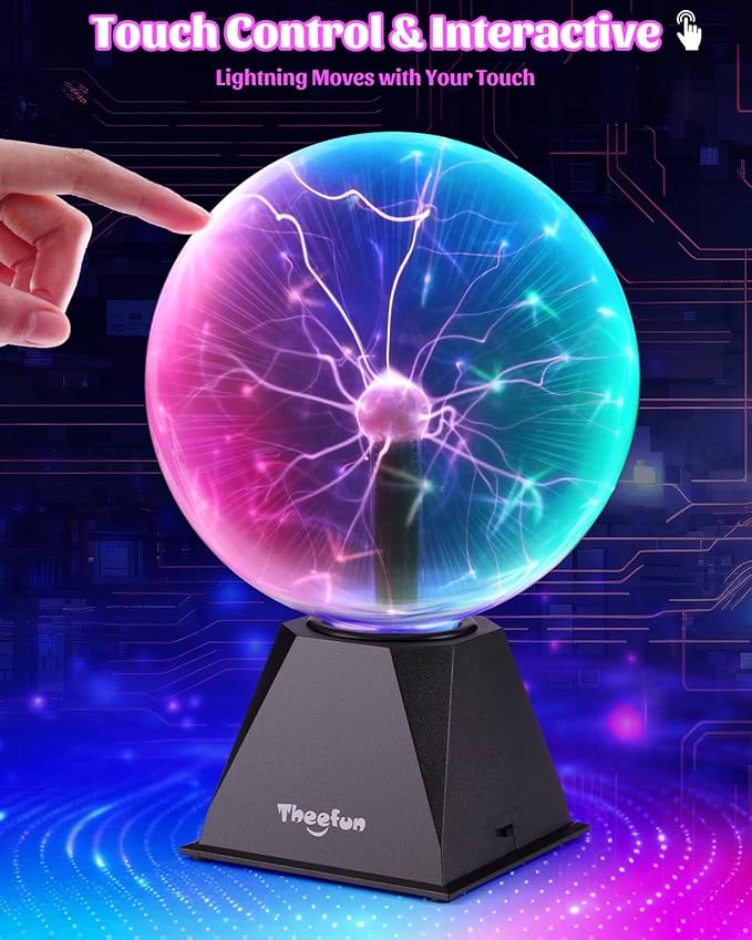 Theefun Plasma Ball, 8 Inch Huge Plasma Globe Birthday Gifts Touch & Sound Sensitive Ball Lamp Electric Lightning Novelty Light for Parties, Home, Prop, Room Decoration, Multicolor