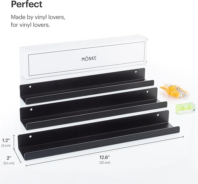 Vinyl Record Shelf - 3 Metal Display Shelves - Wall Mount Now-Playing Vinyl Shelves - an Album Record Holder That Doubles as a Picture Ledge - Fits All Records (Black)