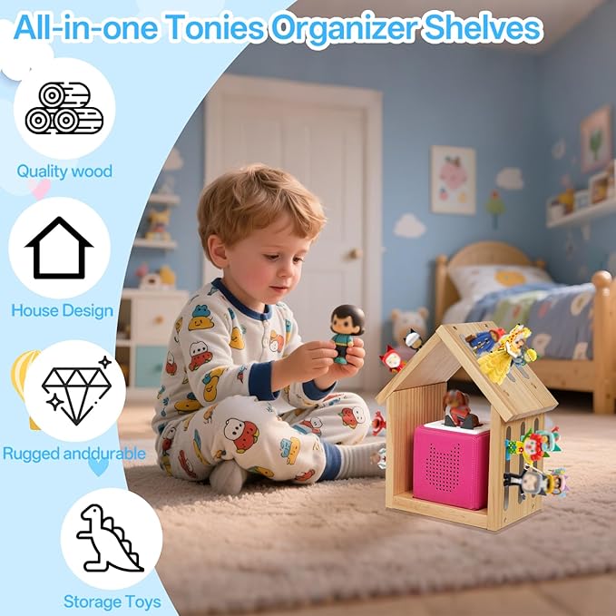 for Tonies Shelf, Compatible with Toniesbox 1 and Toniesbox 2 Tonies Magentic Wall Shelf for Creative Tonies Figures 12-40 Characters Wooden Tonie Storage Shelves for Kids Play Room(House Shape)