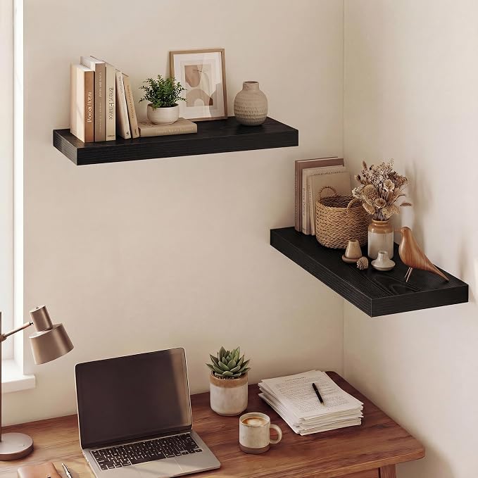 Dreamland 24 Inches Floating Shelves for Wall,9.3" Deep Long Floating Shelves Set of 2,Large Display & Storage Shelf,Wall Shelf for Bathroom Bedroom Living Room Kitchen Office,Black