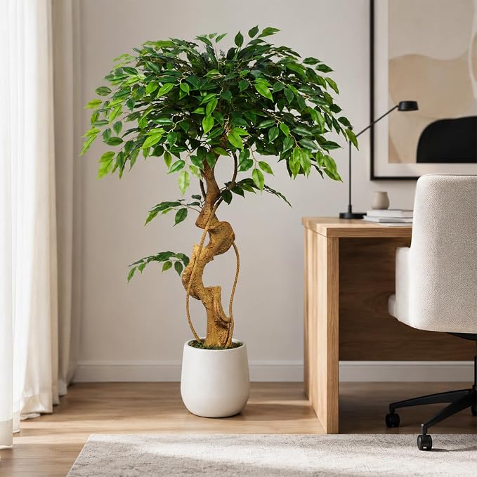 4FT Artificial Ficus Tree, 48in Fake Silk Tree with Curved Trunk & 930 Lush Leaves, Faux Floor Plant with White Pot, Low-Maintenance Decor for Home, Office, Patio