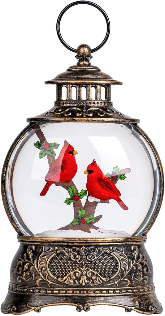 Cardinal Christmas Snow Globe Lantern Water Glittering Christmas Tree with Red Truck, USB Lined and Battery Operated Lighted Lantern for Christmas Festival Decoration Gifts