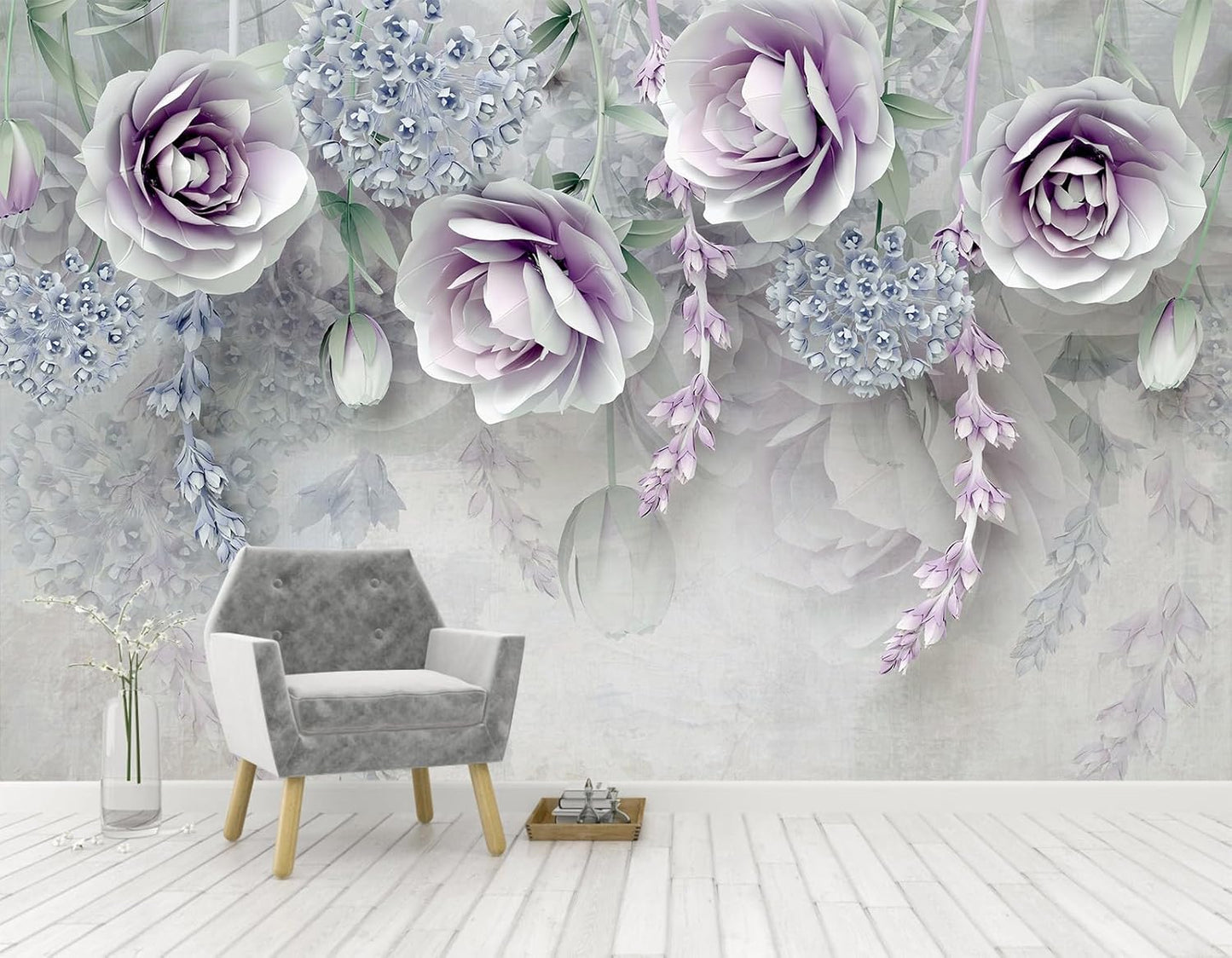 WFBHUA-Purple Rose Floral 3D Wallpaper Mural Modern Flower Leaf Wallpaper for Bedroom Wall Murals Decoration(Not Peel and Stick)