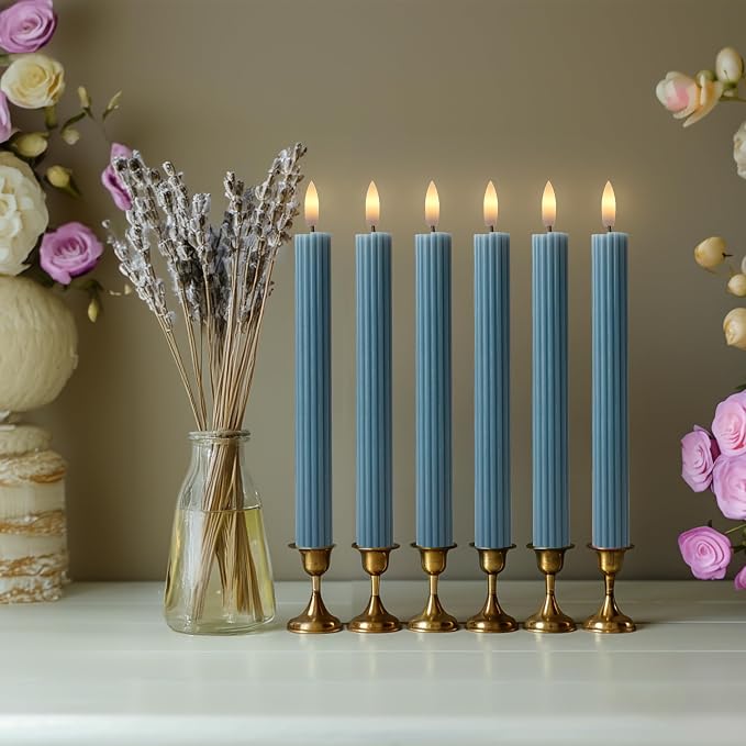 12 Pack, 10" LED Flameless Blue Fluted Ribbed Grooved Taper Candles with 2 Remotes & 24h Timer Memory, On/Off Button, Dimmable, Flicker Mode, Battery Operated, Christmas Menorah Wedding