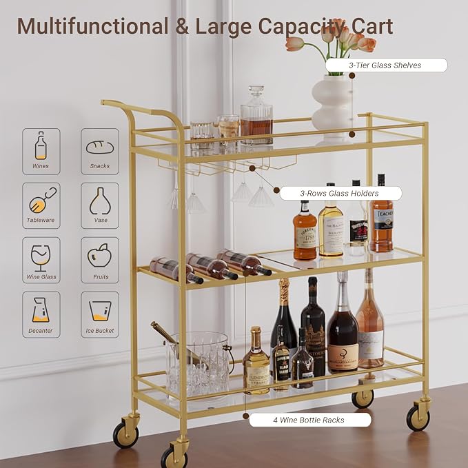 Gold Bar Cart, Home Bar Serving Cart with Handle, Wine Cart with 3-Tier Glass Shelves, Beverage Cart with Wine Rack and Glass Holder, Bar Carts for The Home, Dining Room, Living Room