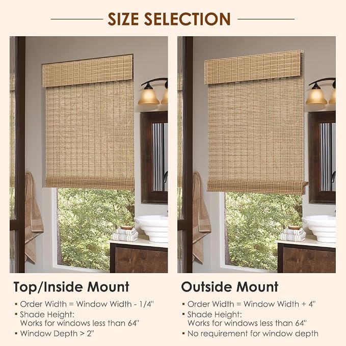 Cordless Bamboo Roman Shades, Light Filtering Bamboo Blinds Shades for Indoor Windows, UV Protection Roll Up Blinds for Home, Office, 24" W x 64" H, Natural