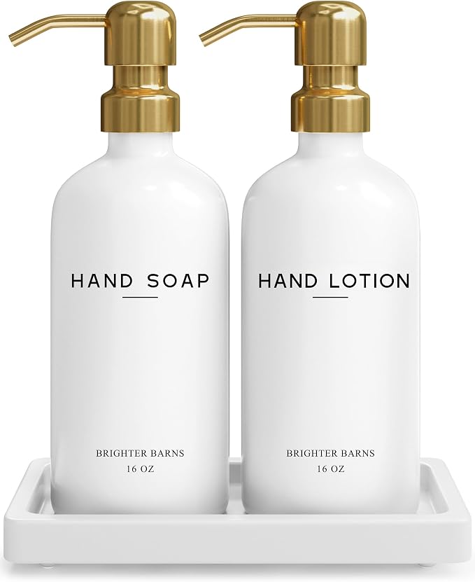 Luxury Glass Soap and Lotion Dispenser Set with Tray by Brighter Barns - Hand Soap Dispenser Bathroom Set & Stainless Steel Pump for Home or Airbnb - White and Gold Bathroom Accessories & Decor (Gold)