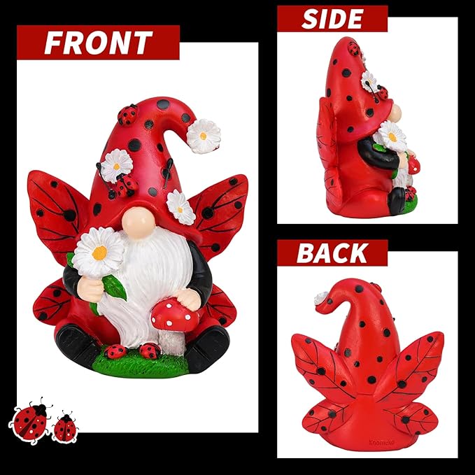 Ladybug Gnome Garden Decor, Fairy Gnome Figurine with Flowers, Spring Summer Outdoor Garden Decorations for Yard Lawn Patio, Garden Gifts for Women