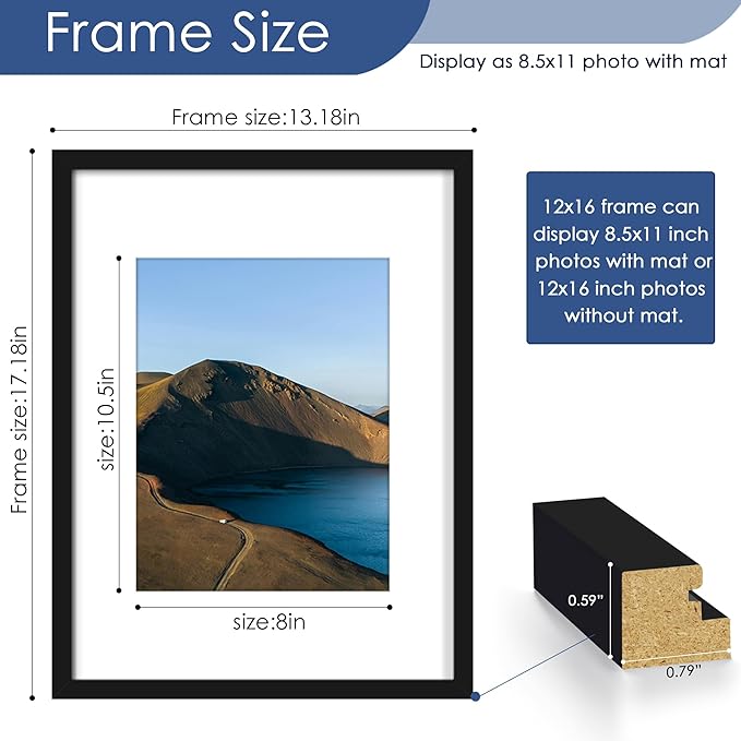 PEALSN 12x16 Picture Frame Set of 6, Display Pictures 8.5 x 11 with Mat or 12 x 16 without Mat for Wall Mounting Display, Photo Frames Collage for Wall Decor, Black.
