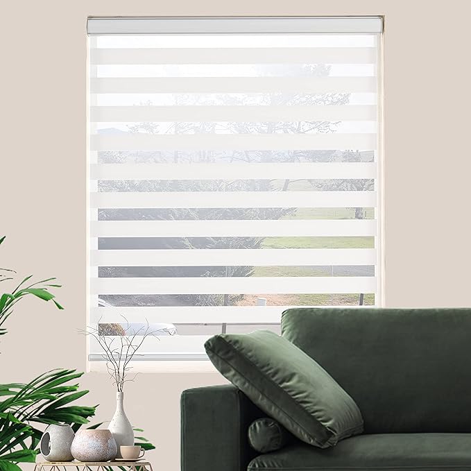 Zebra Roller Shades, Dual Layer Roll Up Blind for Living Room, Semi Sheer Shades Window Privacy Light Control for Day and Night, (Maximum Height 72inch, White Color, Width 35 inch)