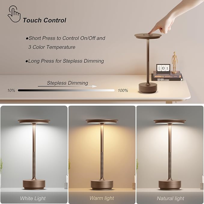 2 Pack Rechargeable Table Lamps Cordless, Portable 5000mAh Outdoor Table Light, 3 Color Stepless Dimming LED Table Lamp with Memory Function, for Home/Dinner/Patio/Restaurant.(Brown)