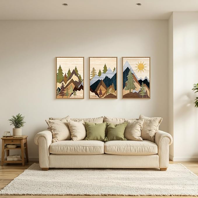 Mountain Pine Tree Framed Canvas Wall Art Set, Nature Wilderness Illustration Wall Decor, Woodcut Forest Wall Painting, Mid Century Modern Art Print for Living Room Bedroom Office 24"x36"x3