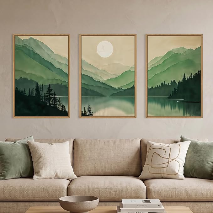 Green Boho Mountain Framed Canvas Wall Art Set, Watercolor Modern Forest Sun Wall Decor,Natural Abstract Lake Landscape Artwork for Living Room,Bedroom,Dining Room,Office-24 x36 x3