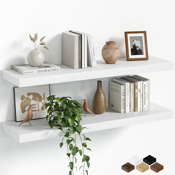 Fun Memories Floating Shelves for Wall, 32 Inch Set of 2 Rustic Wood Wall Shelves with Invisible Brackets, Heavy Duty Storage Display for Living Room Bedroom Kitchen, White