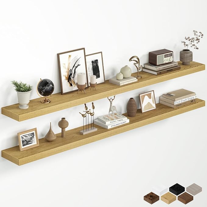 Fun Memories 67 Inch Floating Shelves for Wall, 8 Inch Deep Wall Mounted Wood Shelves with Invisible Brackets for Bathroom, Bedroom & Kitchen Storage Decor, Oak, 2 Pack