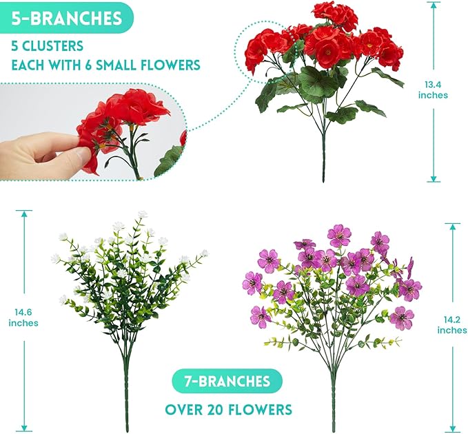 Hrobek Fake Artificial Silk Flowers for Outdoors with Realistic UV Resistant, Faux Plants for Outside Indoor, Home Patio Garden Back Yard Front Porch Decor Spring Summer(12 Bunches)