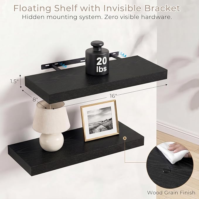 Vivelove Black Floating Shelves for Wall with Invisible Brackets, 16 Inch Floating Shelf for Bathroom Bedroom Living Room Kitchen, 16" X 8" X 1.4", Set of 2 - Black