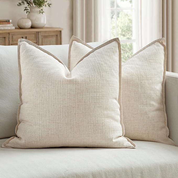 MIULEE Pack of 2 Thick Textured Couch Throw Pillow Covers, Natural Beige Decorative Pillow Covers 18x18, Neutral Linen Cushion Cases for Sofa Bed Living Room Modern Farmhouse Home Decor, No Filling