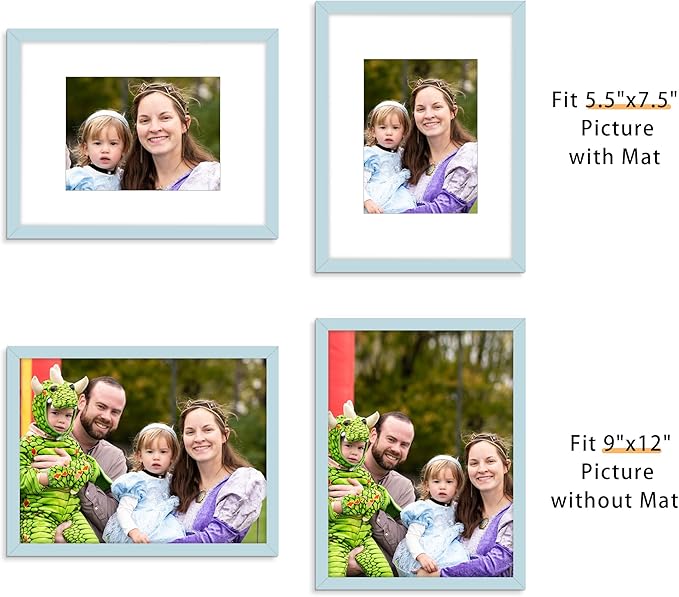 Picrit 9x12 Picture Frame Set of 12, Display 6x8 with Mat or 9x12 without Mat, Photo Frames for Wall Mounting or Table Top Display, Blue