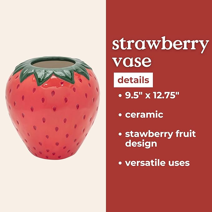 ban.do Vintage Inspired Strawberry Vase, Decorative Ceramic Vase, Large Flower Vase, Unique Strawberry Decor for Home/Kitchen/Office