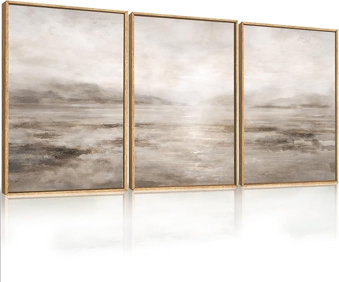 HPNIUB Larger Abstract Neutral Brown Framed Canvas Wall Art Set,Modern Misty Watercolor Lake Landscape Wall Decor, Minimalist Texture Pastel Artwork for Living Room,Bedroom,Office- 24"x36"x3