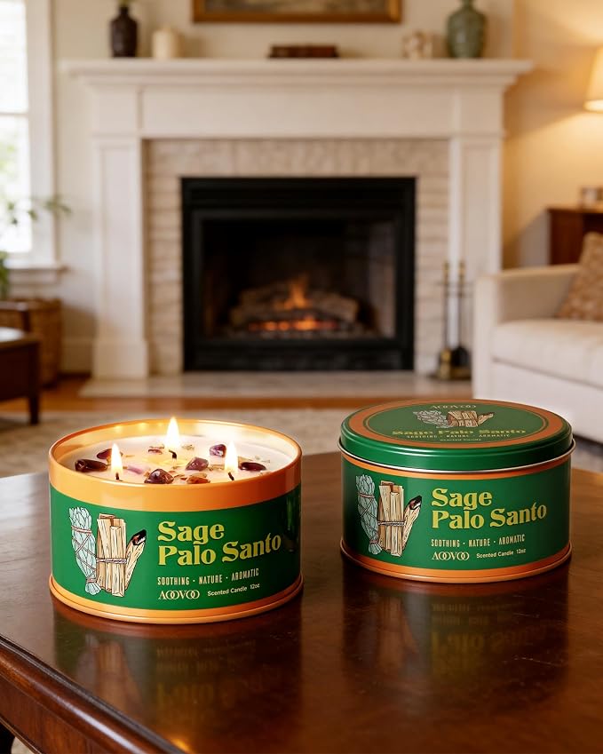 AOOVOO 2 Pack Sage & Palo Santo Candles for Cleansing - 3 Wick 12oz Large Scented Candle with Amethyst Crystals, Sage & Palo Santo Inside, Non-Toxic Soy Candles for Meditation Spiritual Healing Gift