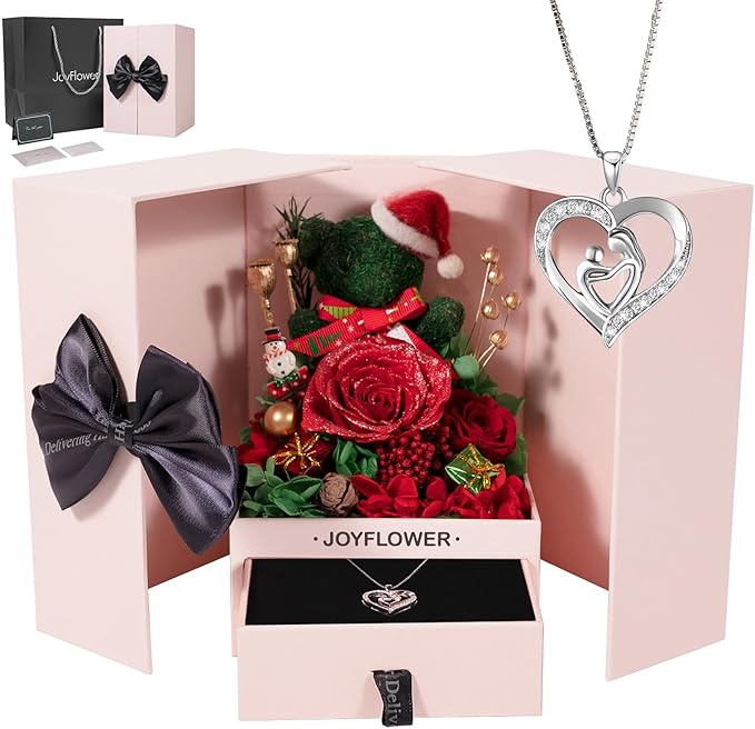JoyFlower Preserved Rose Moss Bear with Necklace Christmas Roses Gifts Forever Flowers Red Rose Teddy Bear for Mom Women Girlfriend Wife Grandma Valentines Mothers Day Birthday Anniversary Wedding