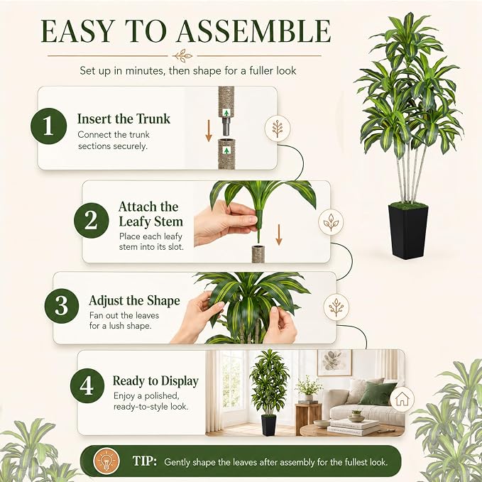 Dracaena Plant Artificial Tree 6Ft Tall Fake Tropical Floor Plants Potted (Real Touch) Artificial Silk Tree Leaf Faux Trees Black Tall Planter for Home Office Living Room Indoor Outdoor Decor