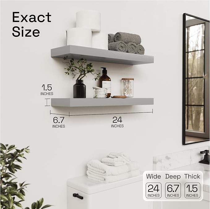 Solid Wood Floating Shelves for Wall 24 inch Grey, Wooden Bathroom Shelf | Real Wood, Wall Mounted, Bedroom Kitchen Living Room, Rustic Farmhouse, Gray Finish, 24W x 6,7D, Set of 2