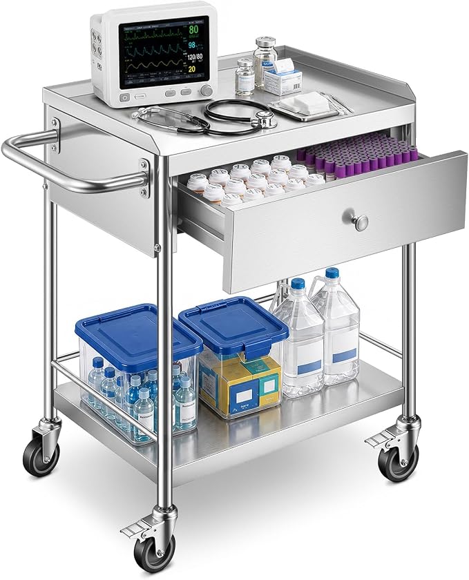 Metal Rolling Cart with 360° Silent Wheels, 220 lbs Capacity Utility Cart, 2-Tier Medical Cart with Handle & Lockable Casters for Lab, Clinic, Kitchen, BBQ Party, Salon