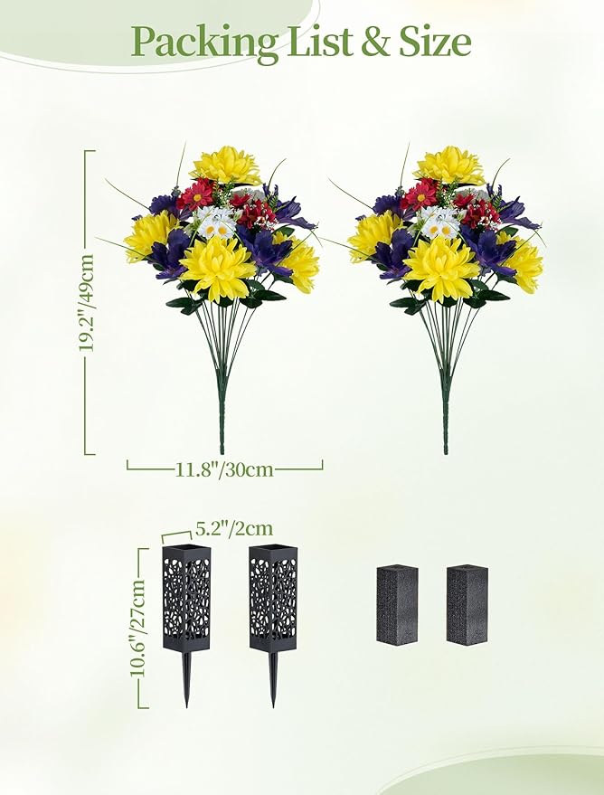 Artificial Memorial Flowers for Cemetery: 2 Pcs Cemetery Flowers for Grave Decorations - Realistic Yellow Mums Purple Iris Bouquets with Vases for Gravisite Outdoor