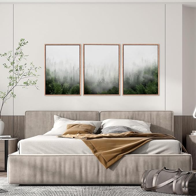 HPINUB Misty Green Forest Framed Canvas Wall Art Set, Nature Scenery Modern Wall Decor, Foggy Mountain Wall Painting, Woodland Landscape Nursery Art Print for Living Room, Bedroom, Office - 16"x24"x3